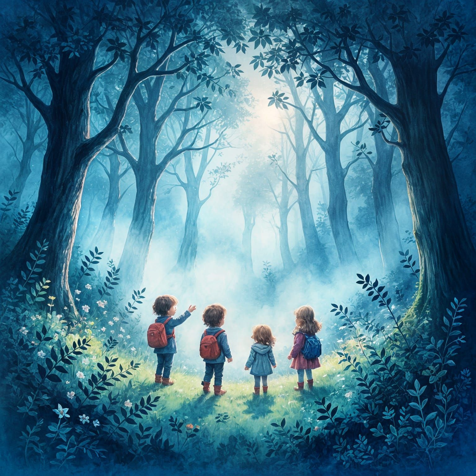 Children Explore Enchanted Foggy Forest in Watercolour Style