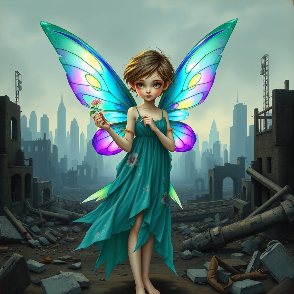 Whimsical Fairy in Post-Apocalyptic Ruins