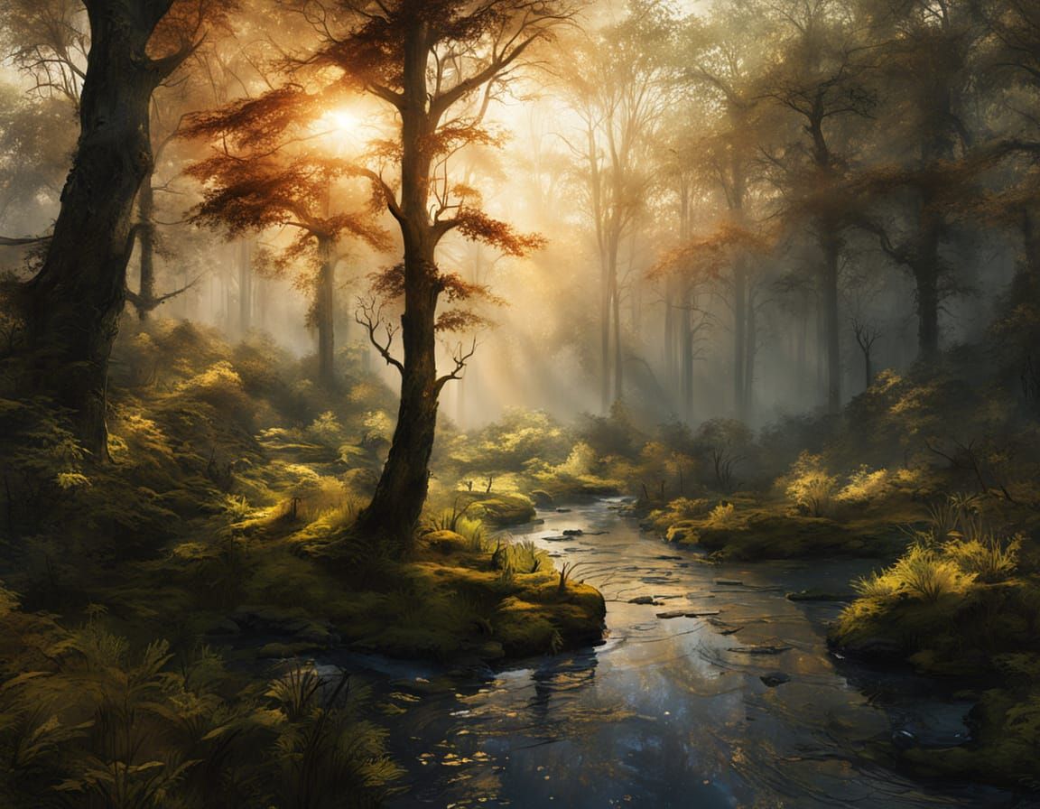 Morning Dew in a Fantastical Forest, in Intricate Matte Pain...