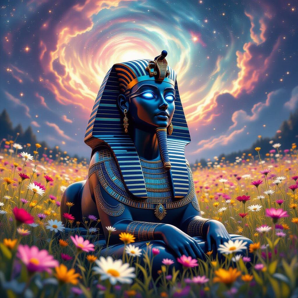 Obsidian Sphinx in Cosmic Nebula with Glowing Flowers