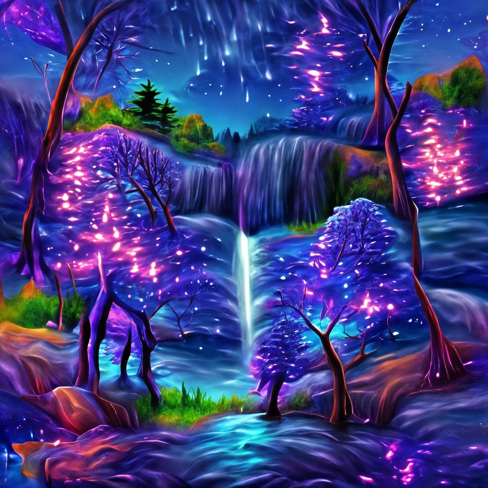 Glowing Bioluminescent Forest at Night in Hyperrealism