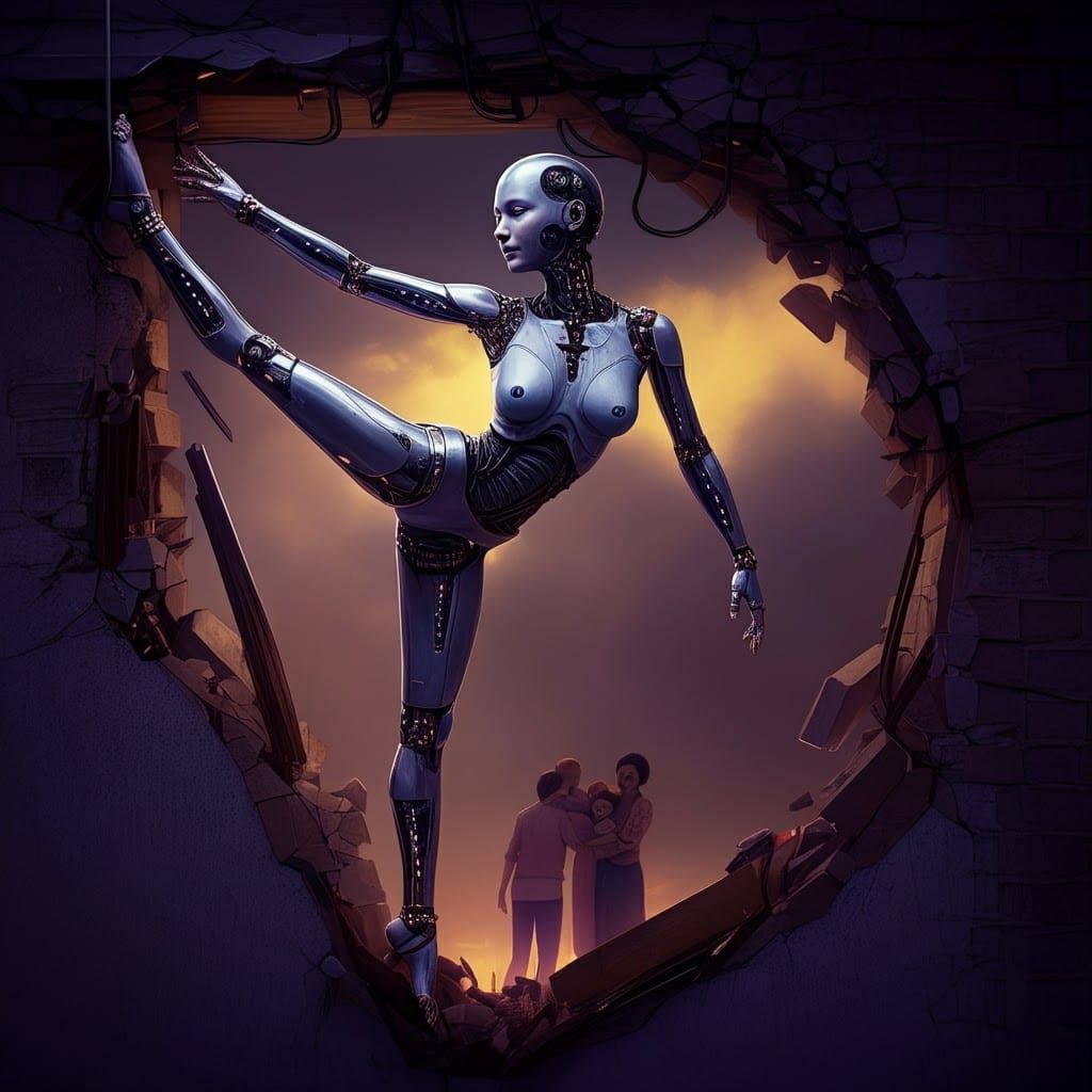 Cyborg Ballerina's Precarious Balance in Cyberpunk Style