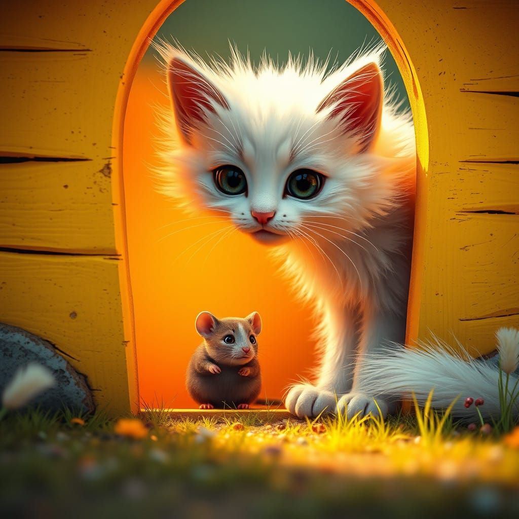 Fantastical Yellow House Sanctuary with Watchful Kitten Guar...