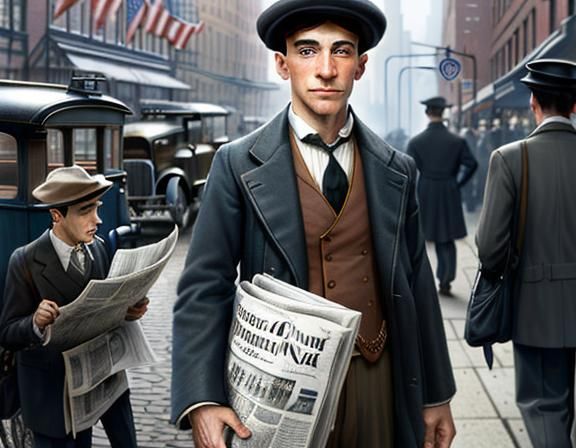 April 15, 1912 Southampton to New York City. street scene with a young boy  newsboy selling newspapers  at the forefront...