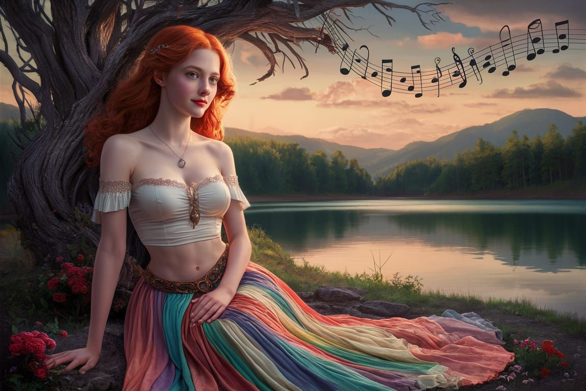 Redhead Gypsy Woman by Lake with Music Notes