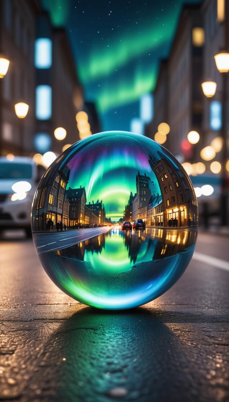 Aurora Borealis Sphere in City Street: Photography
