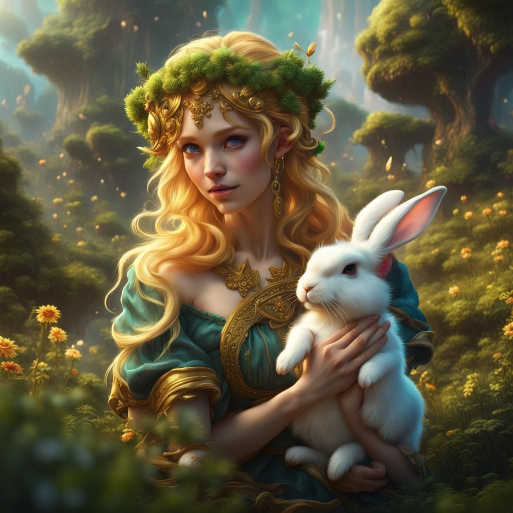 Golden Haired Fairy in Green Land with Rabbits