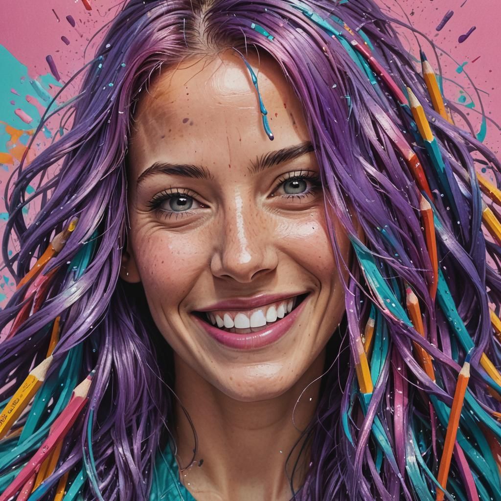 Hyperrealistic Woman with Pencil Hair Splash Art