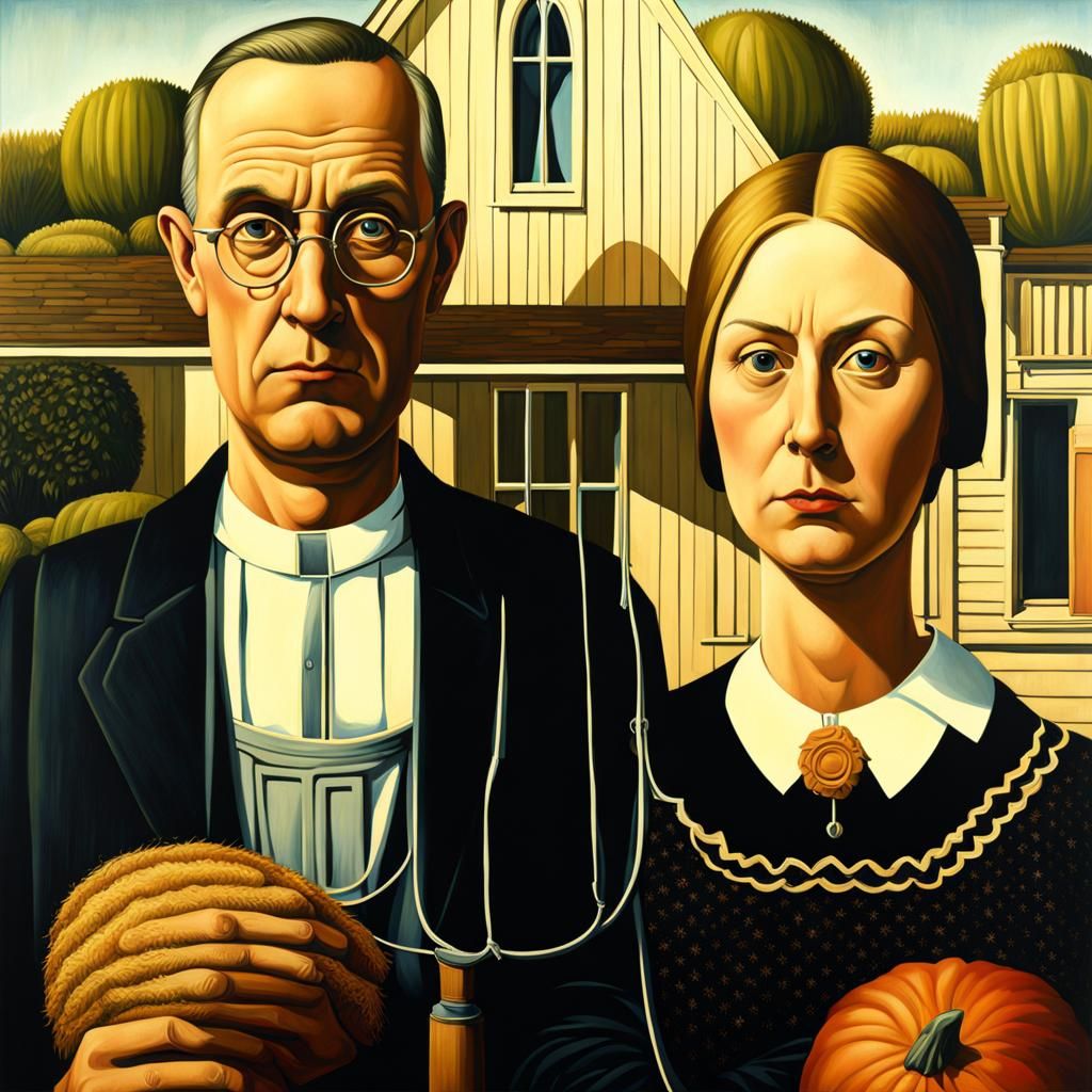 Hyperrealistic American Gothic Tableau in Splash Art Style