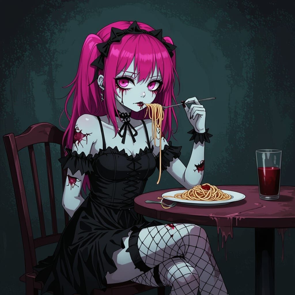 Gothic Zombie Girl with Spaghetti Anime Style
