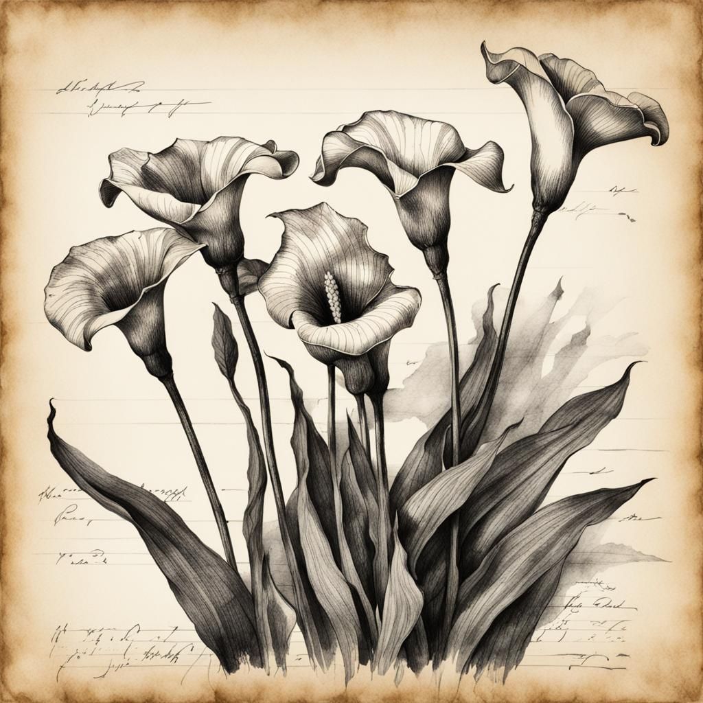 Botanical Blueprint Sketch of Calla Lilies