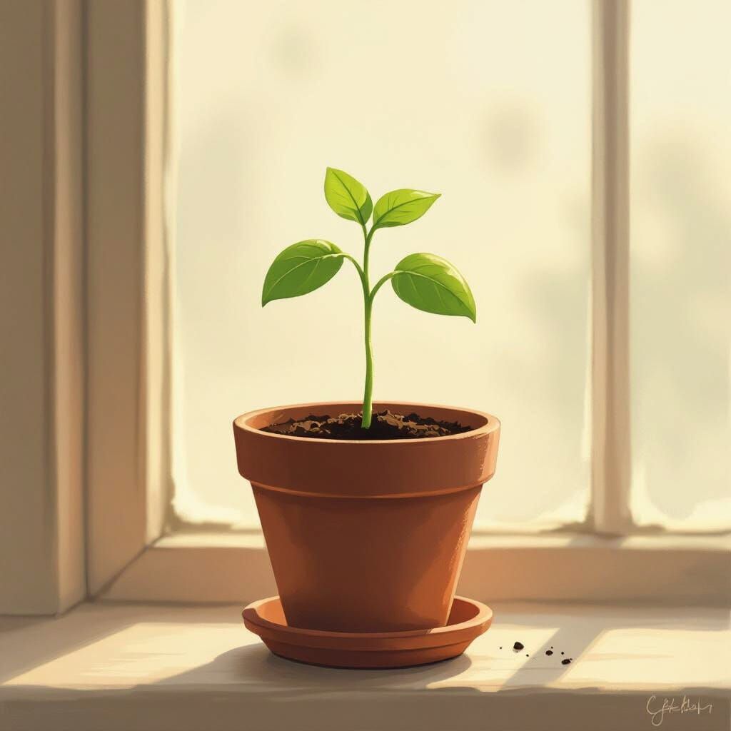 Sad Seedling Wilting on Windowsill in Gentle Illustration St...