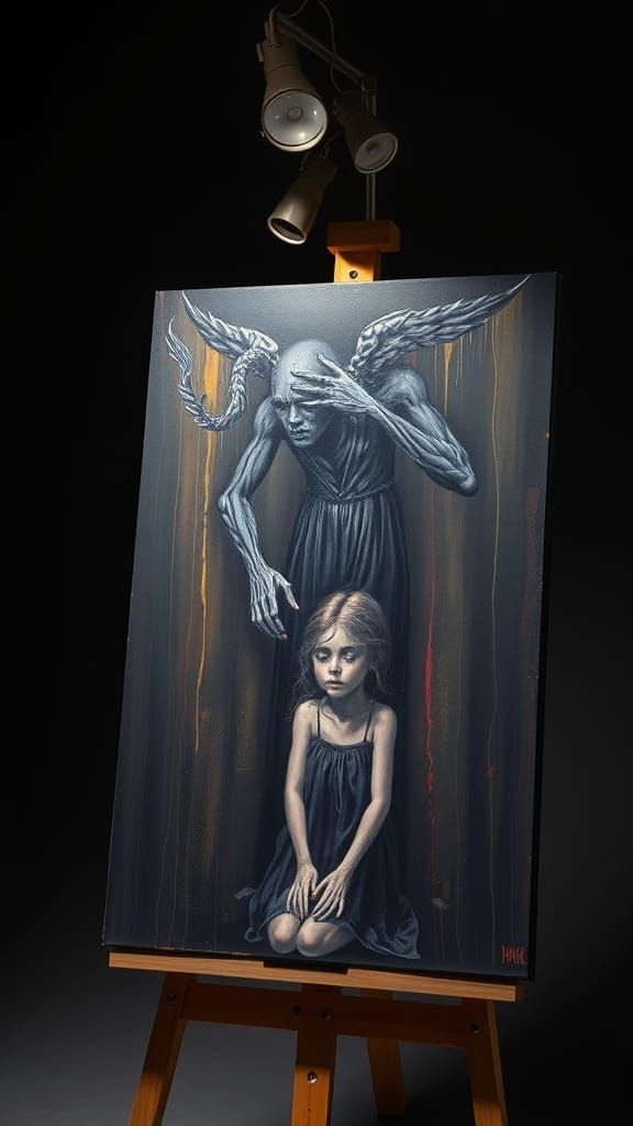 Godlike Figure Over Victim: Grunge Style Painting