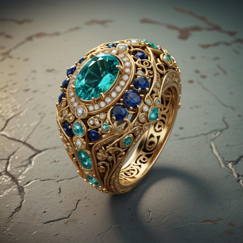 Ornate Gold Ring with Paraiba Tourmaline, Art Nouveau