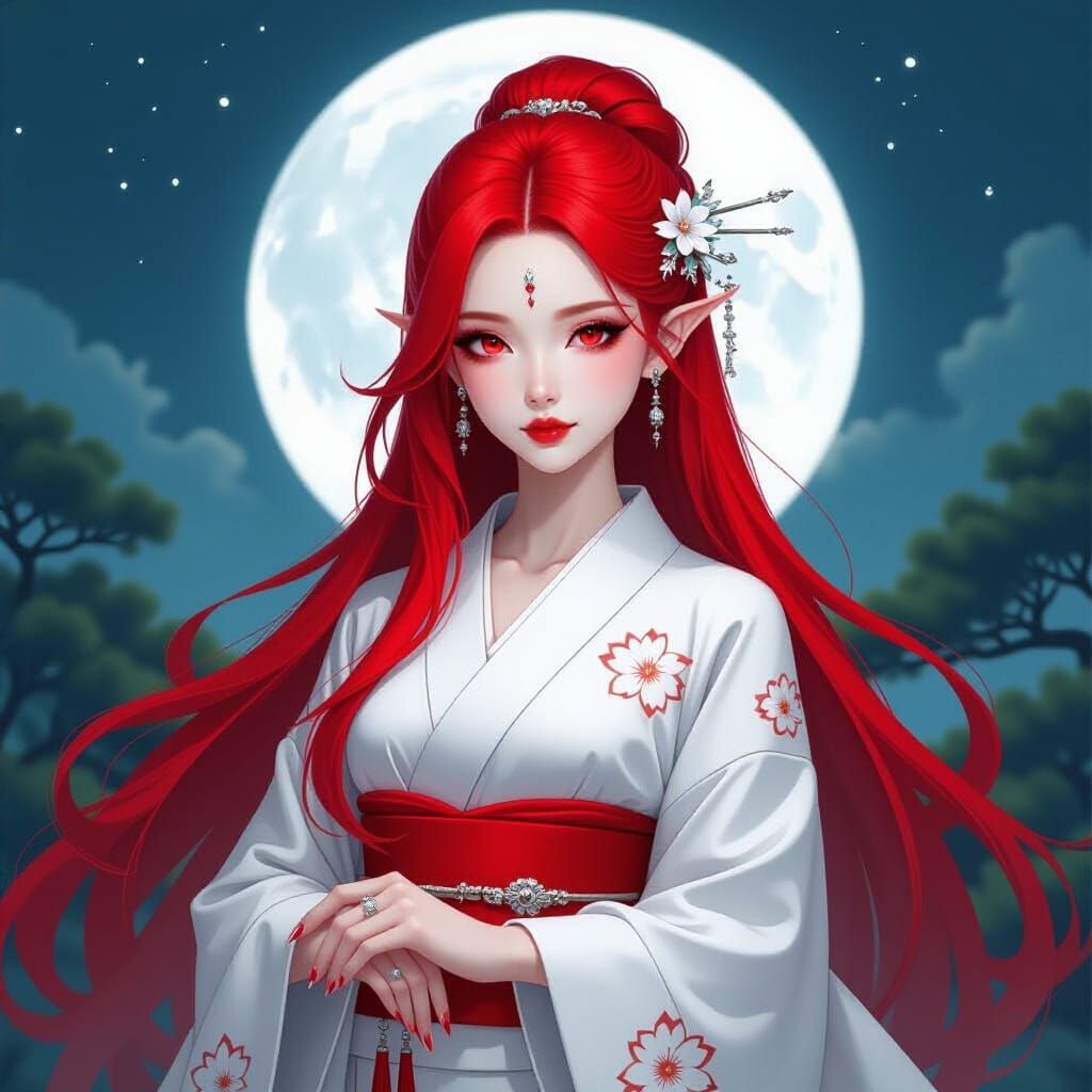 Asian Woman with Red Hair in Moonlit Garden