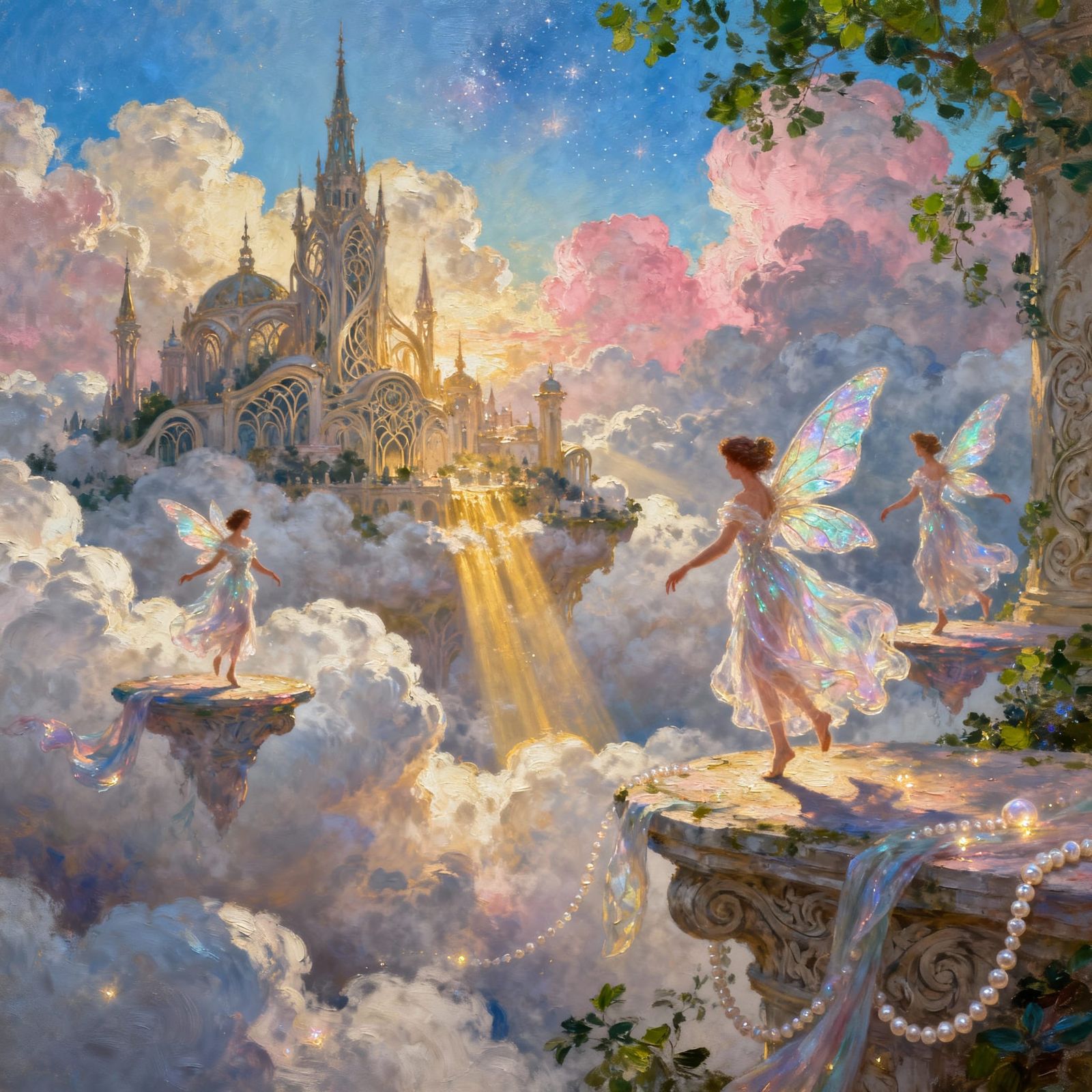 Majestic Fairy Cloud City in Hyperrealistic Oil Painting