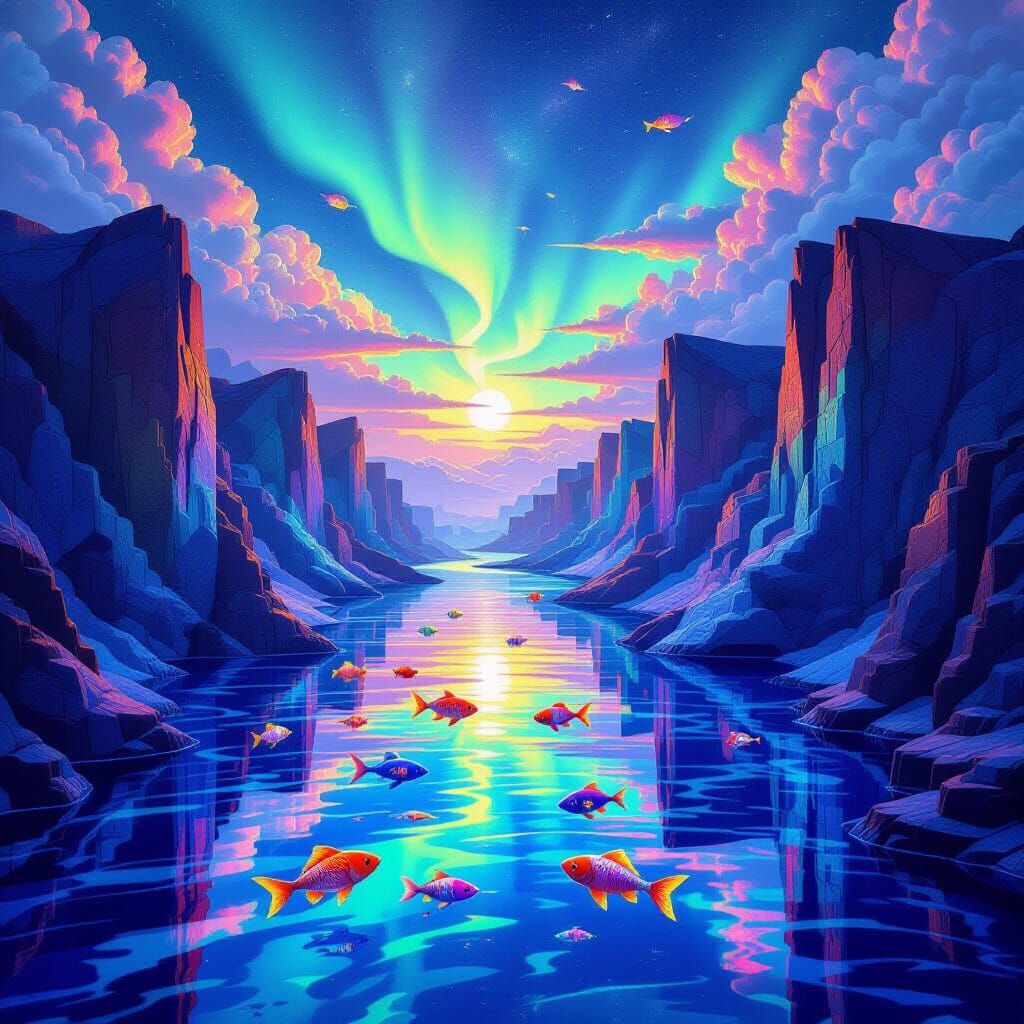 Surreal River with Fractal Fish in Psychedelic Style