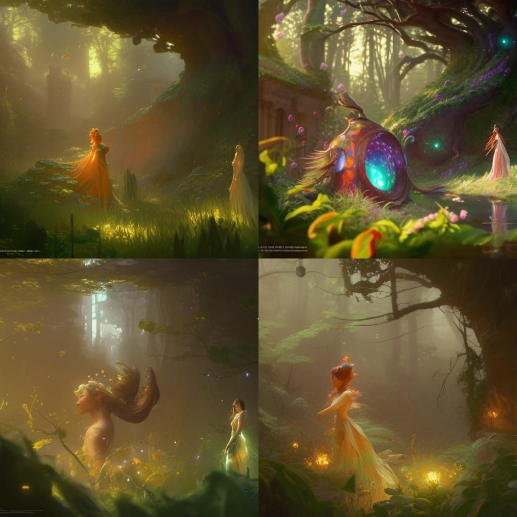 Elves Play in Enchanted Garden: 3D Digital Art