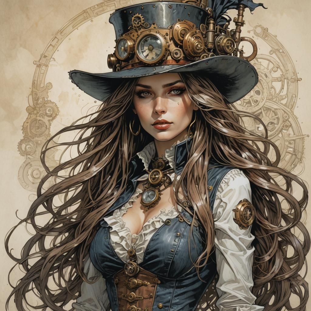 Steampunk Woman Portrait in Comic Book Style
