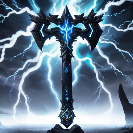 Glowing Runes on Axe in Thunderous Sky