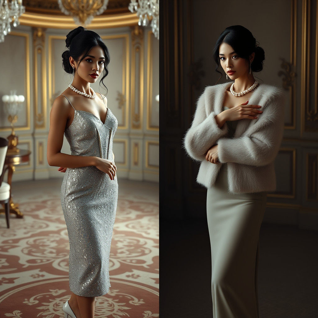 Elegant Woman in Split Screen: Dress vs. Cardigan