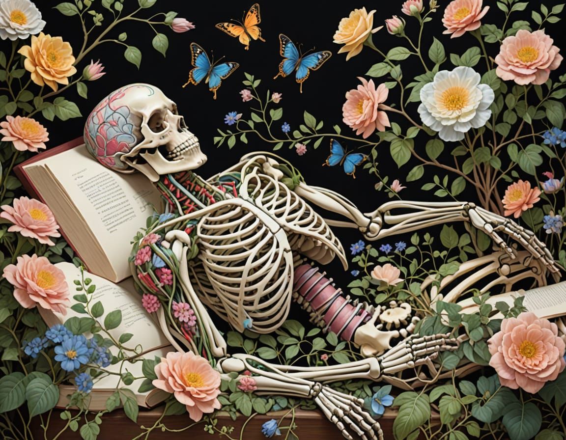Anatomical Botanical Art: Figure Reading Amidst Flowers