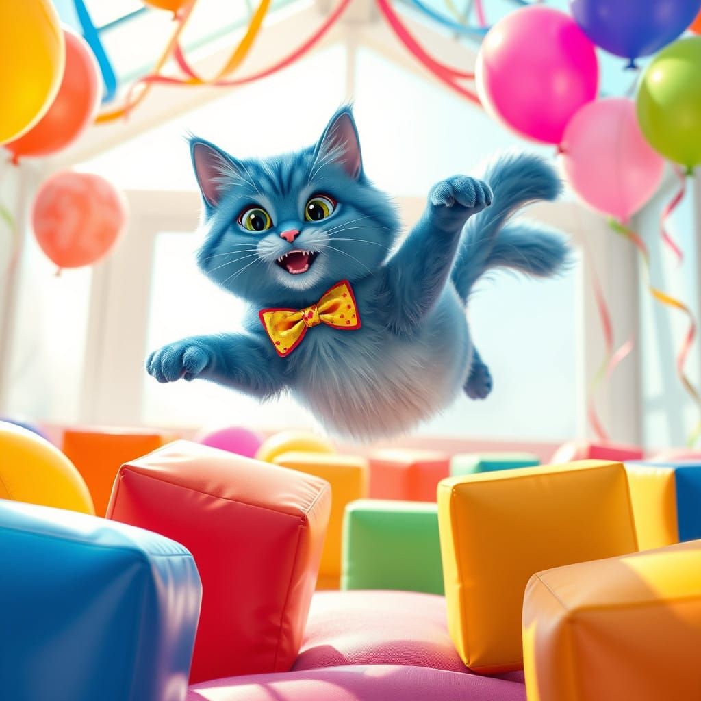A Blue cat bouncing in a bouncy house