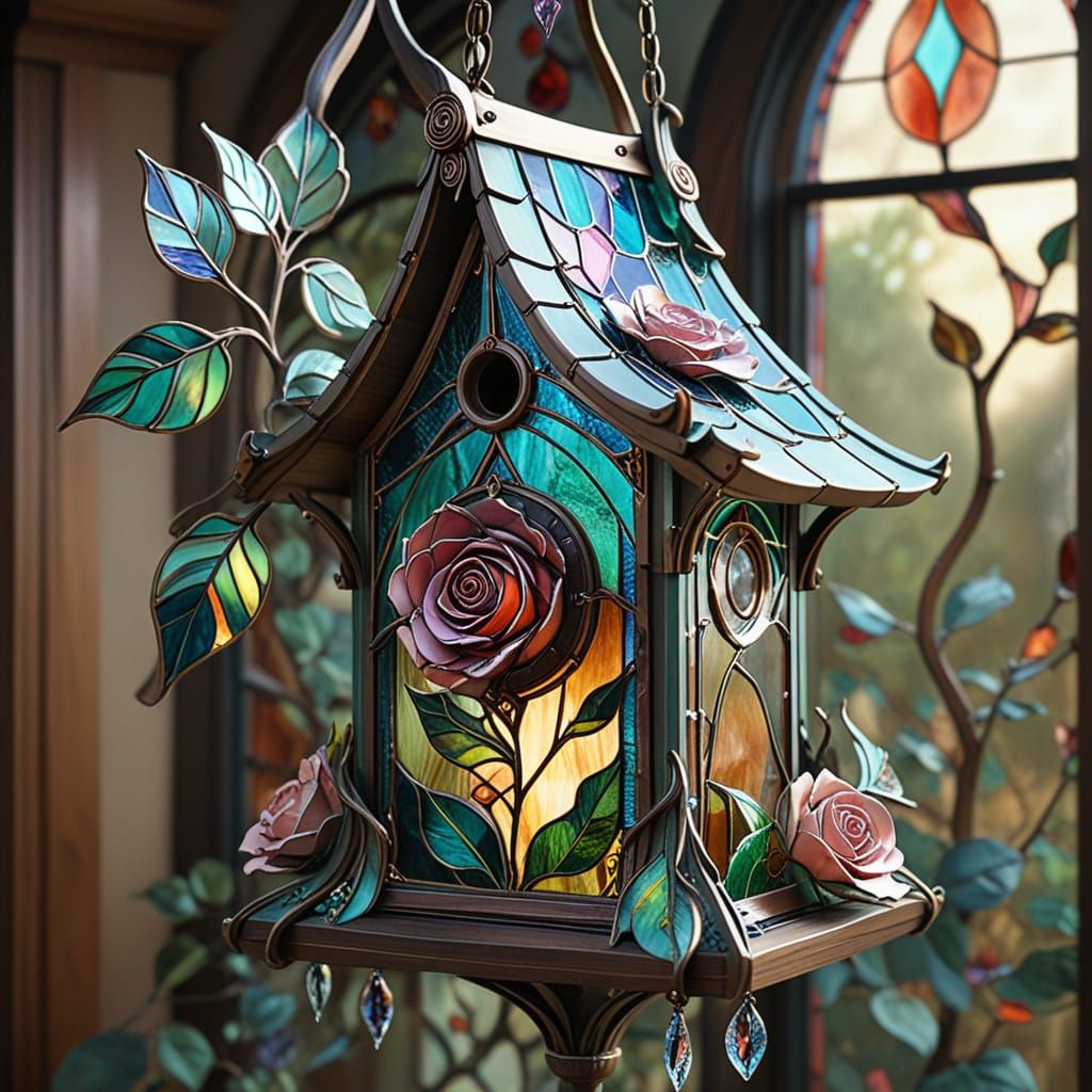 Art Nouveau Rose Birdhouse with Stained Glass