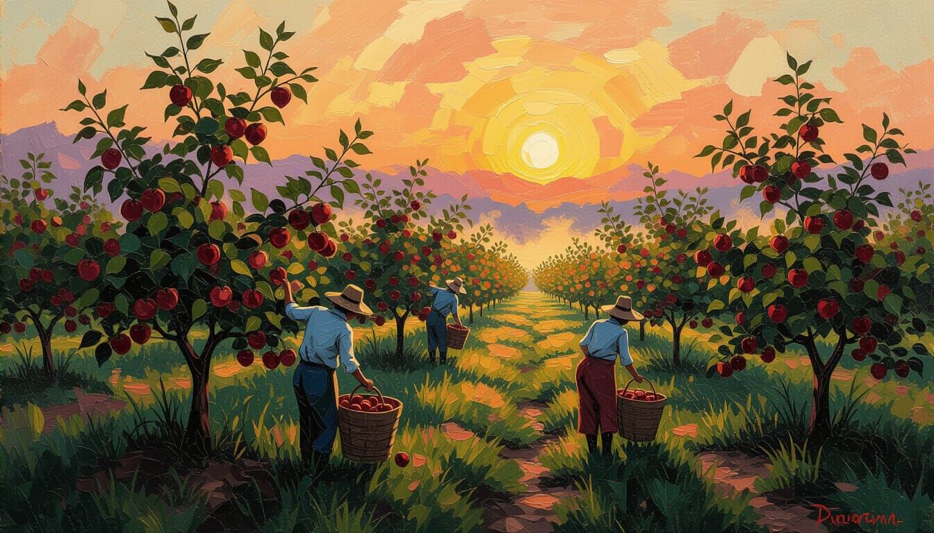 Embossed Art of Apple Picking in Misty Sunrise