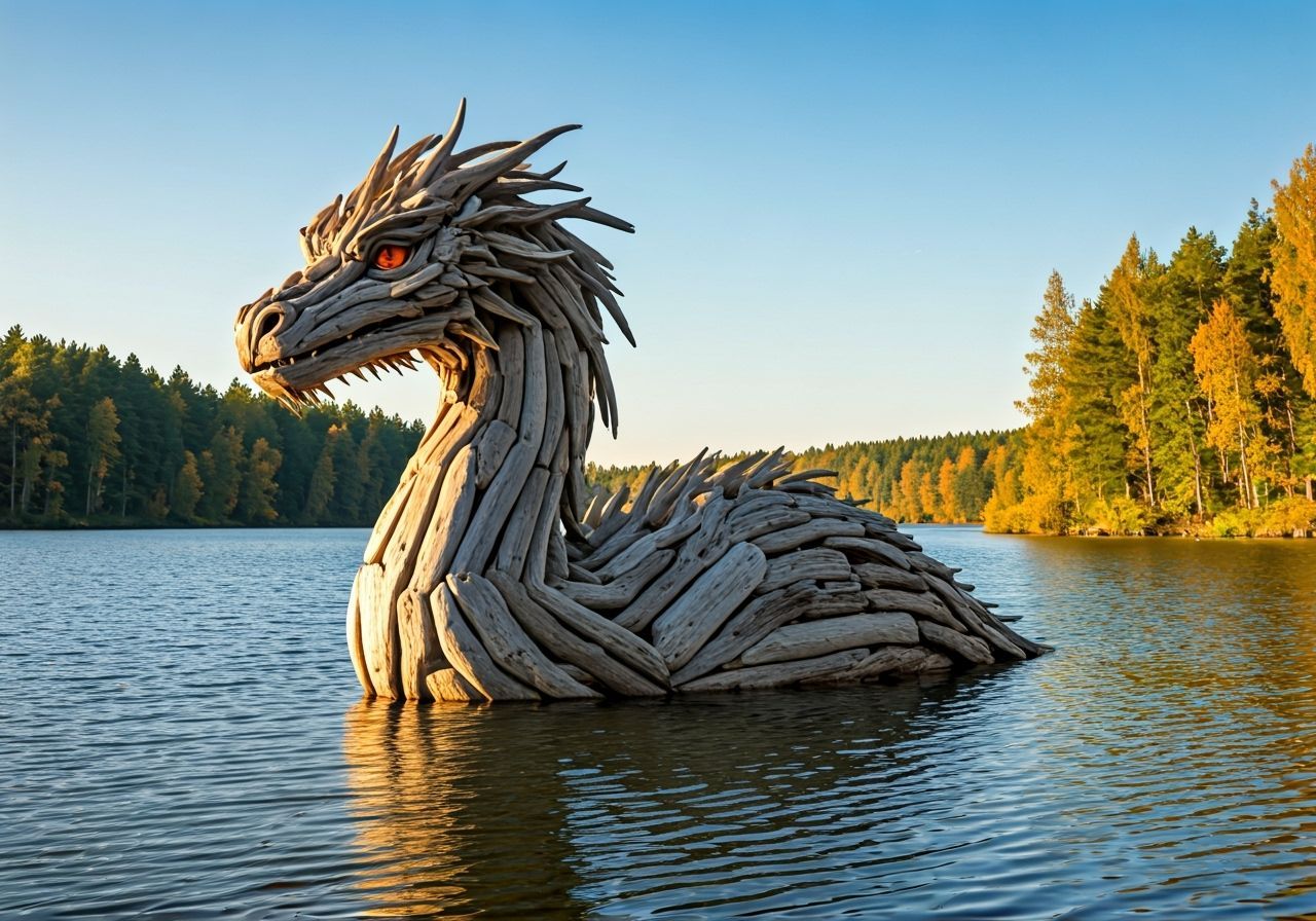 Driftwood Loch Ness Monster Sculpture in Autumn Lake