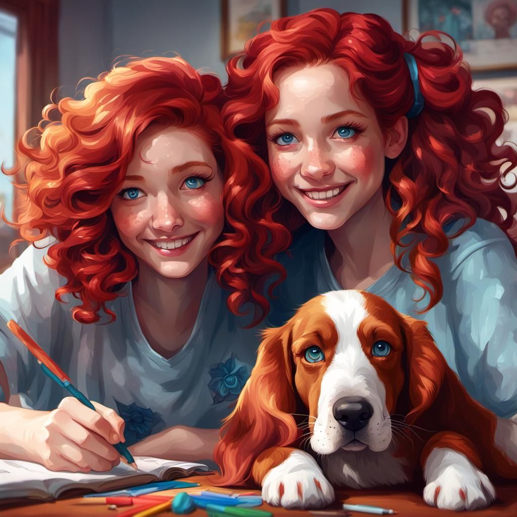 Girl with Puppy Coloring, Art Nouveau Portrait
