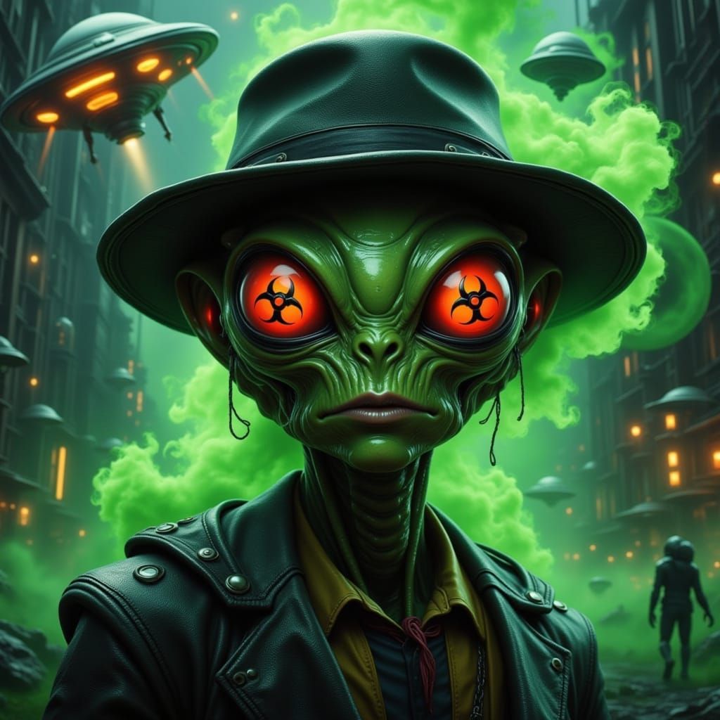 Alien with Egg Head and Fedora, Cracked Top, Three Glowing E...