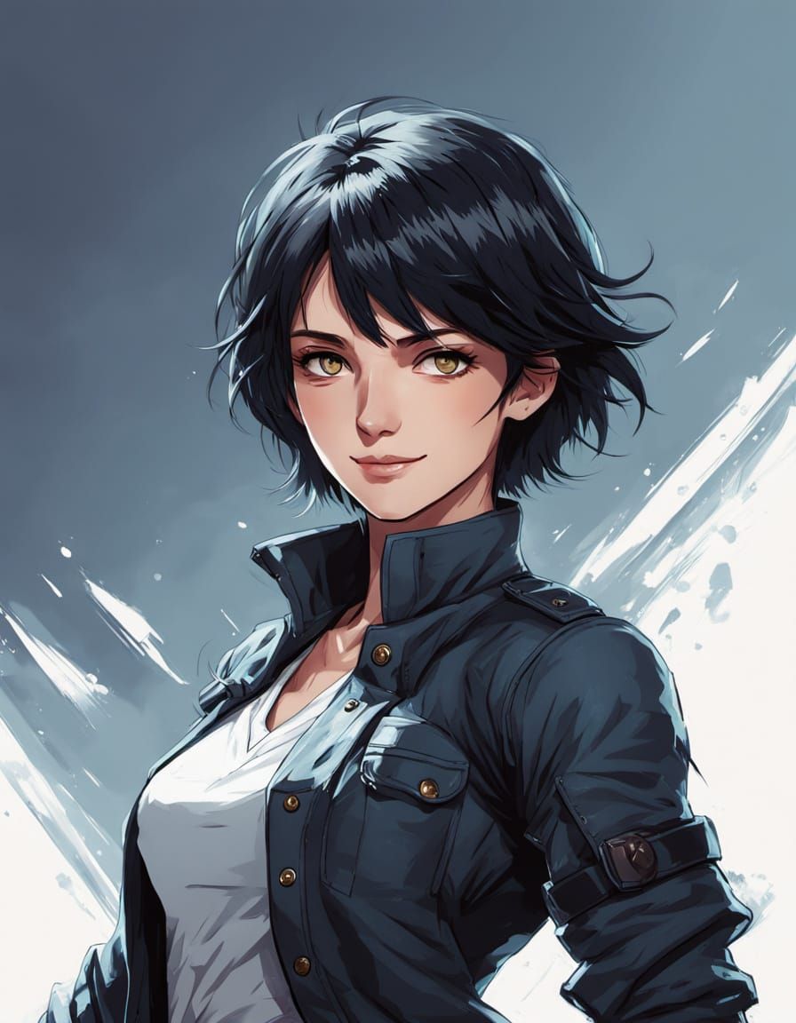Anime Style Woman with Heterochromatic Eyes and Tactical Gea...