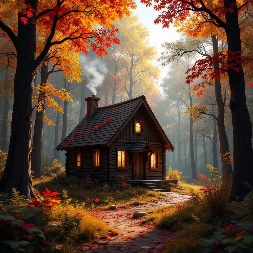 A small cabin in the forest, surrounded by colorful autumn t...
