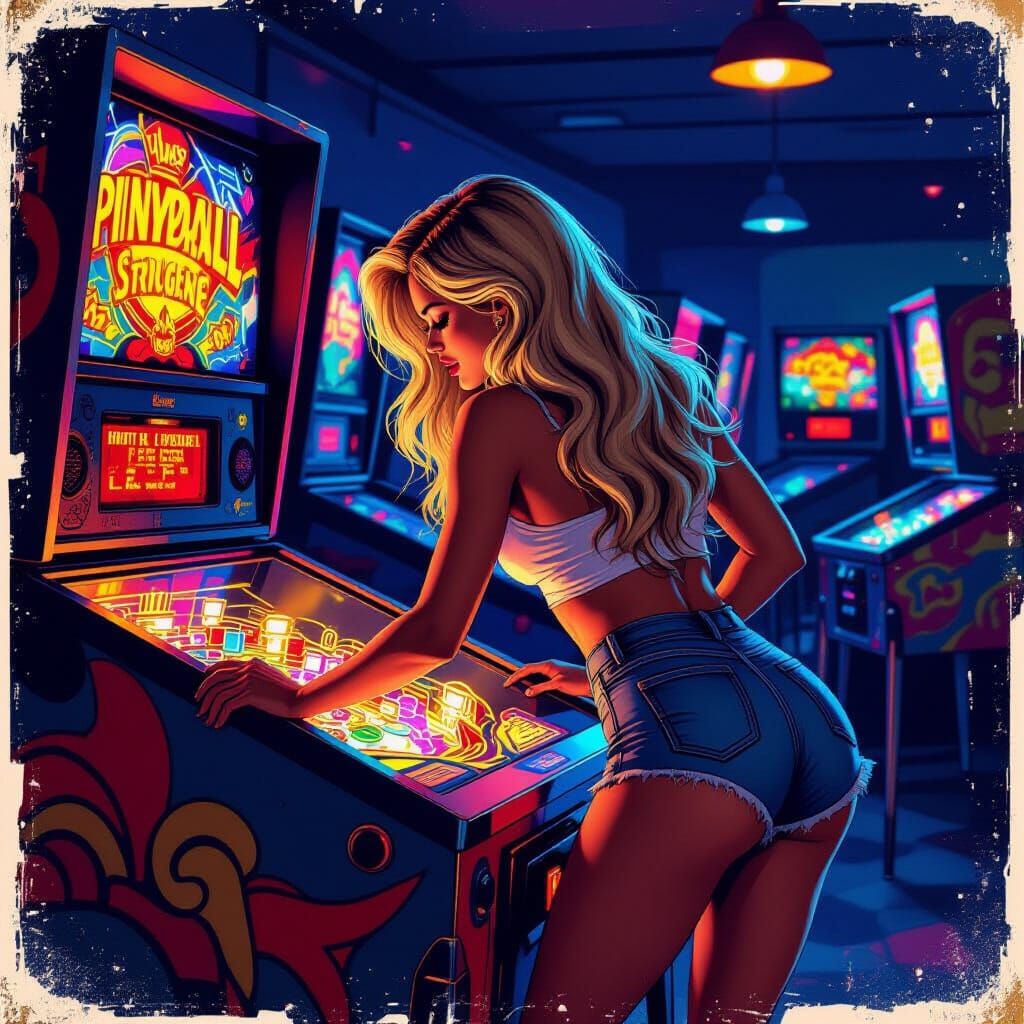 80s Arcade Pinball Poster with Woman Playing