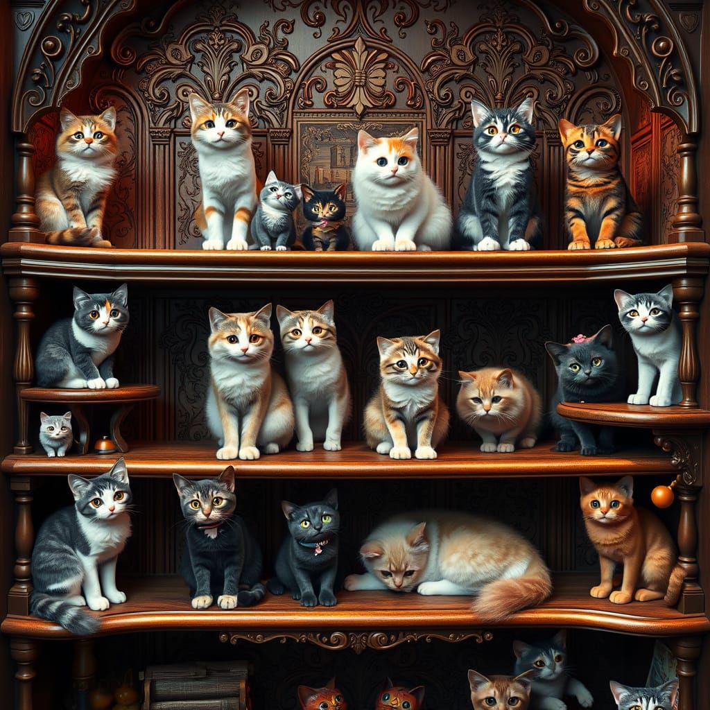 Whimsical Cat Collection on Ornate Shelves in Warm, Golden L...