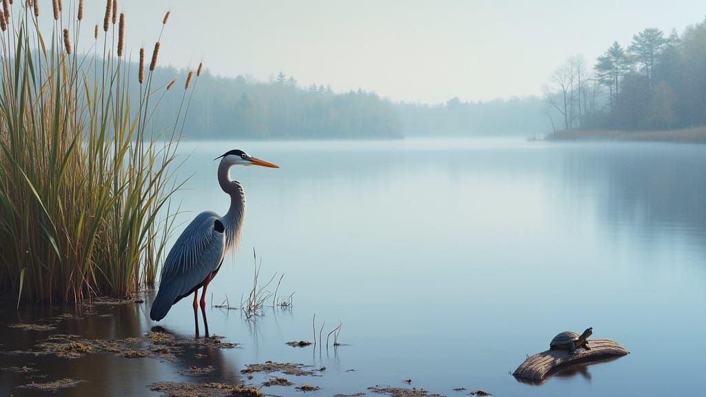 Serene Morning Lake Scene with Wildlife in Hyperrealistic St...