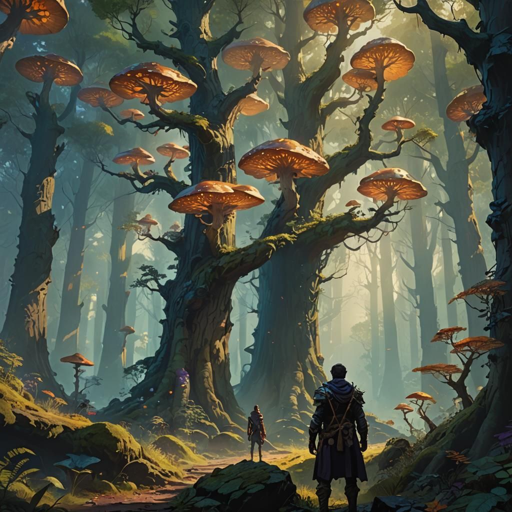 Hero in Mystical Forest, Cinematic Matte Painting
