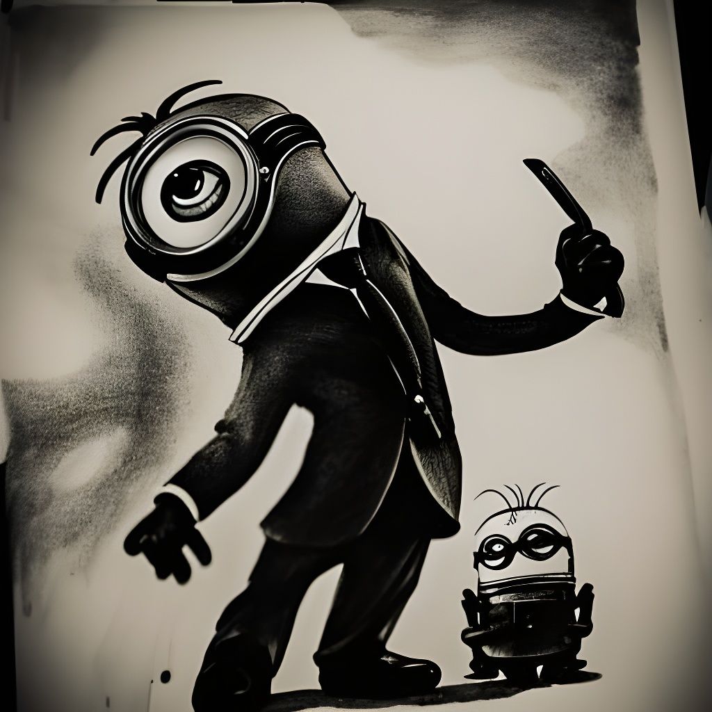 Art Deco Minion in Dark Ink Drawing Style