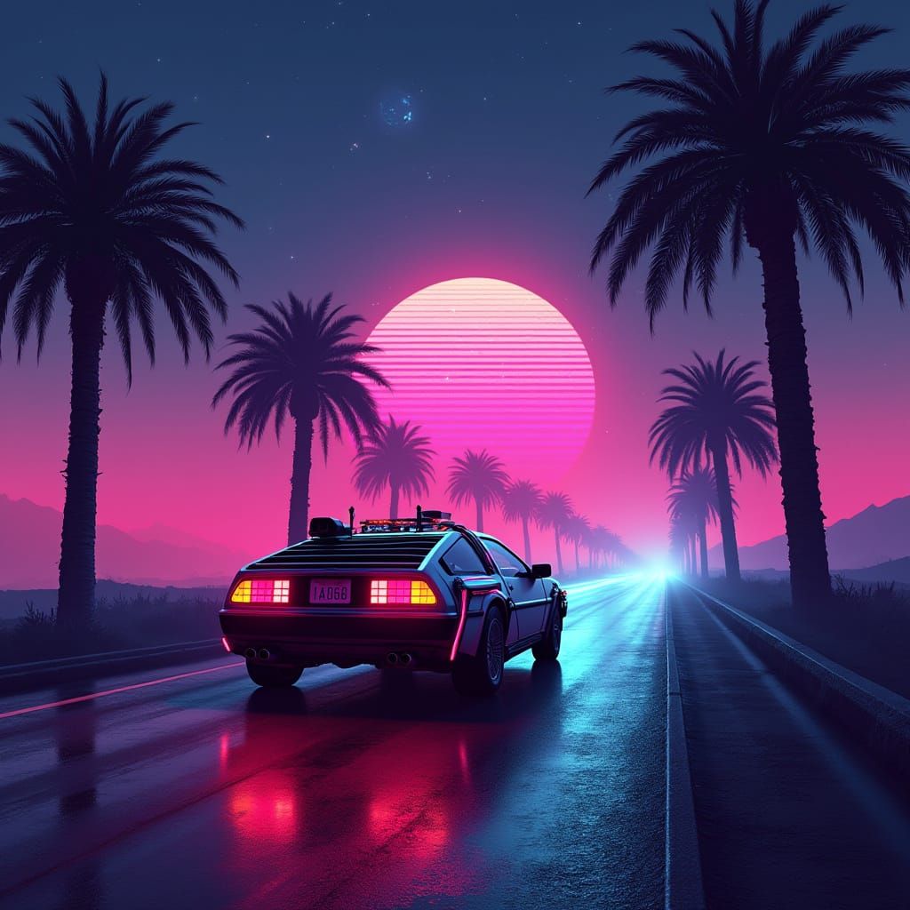 DeLorean on Neon Highway in Vaporwave Style