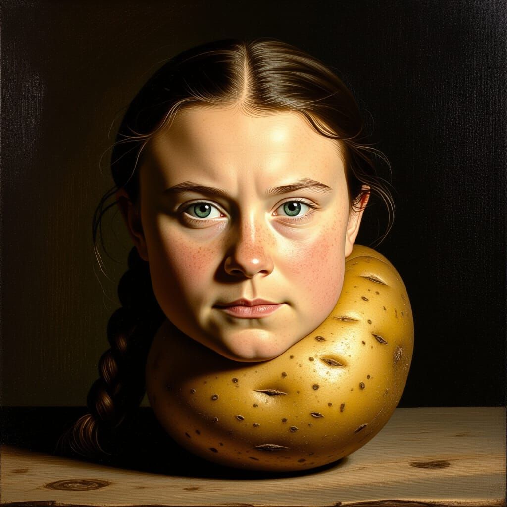 Greta Thunberg's Face on Potato, Hyperrealistic Portrait