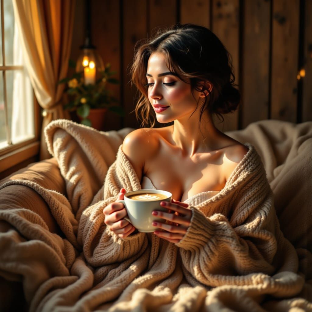 Cozy Cabin Portrait: Woman in Sweater with Hot Chocolate