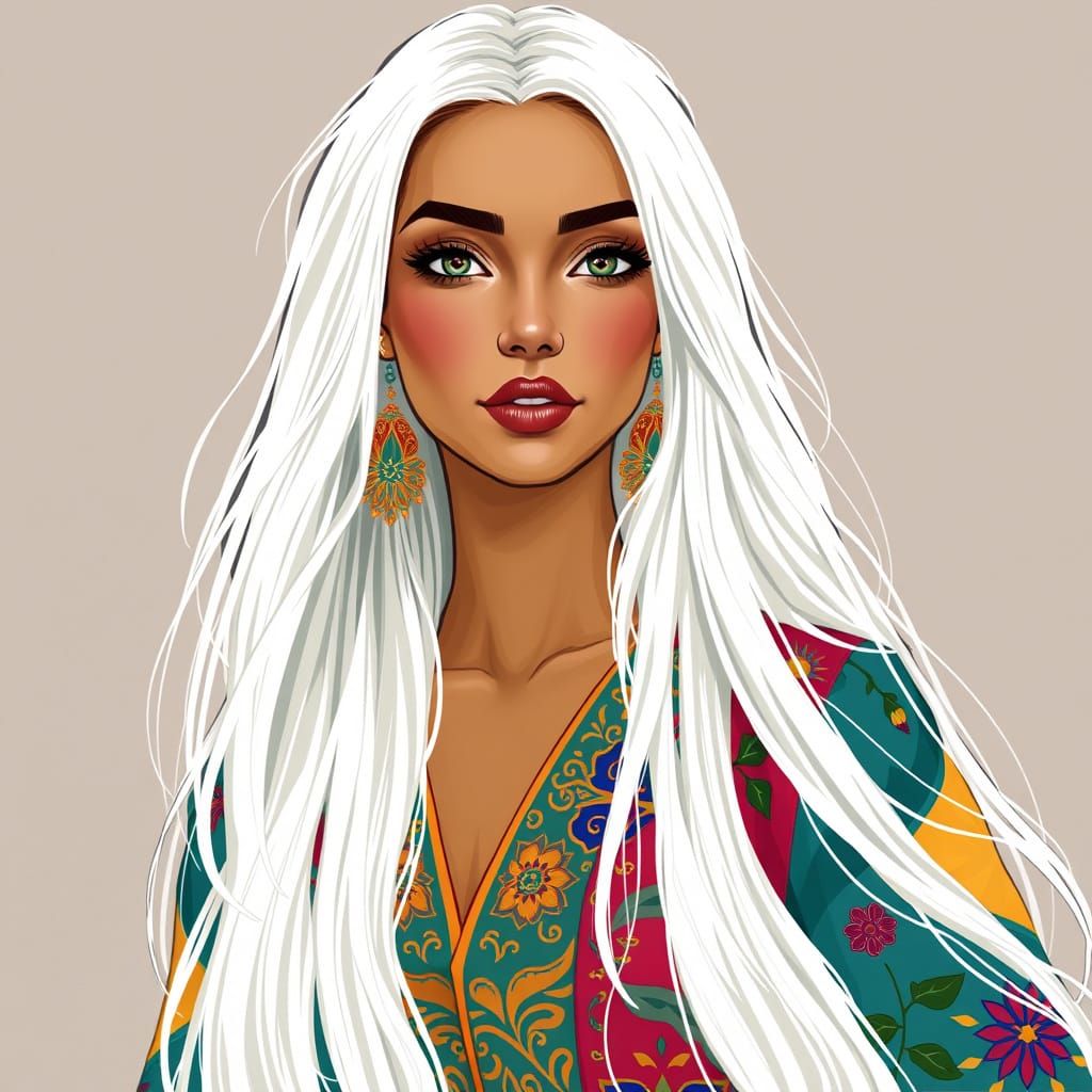 Palekh Illustration: Woman with White Hair in Colorful Dress