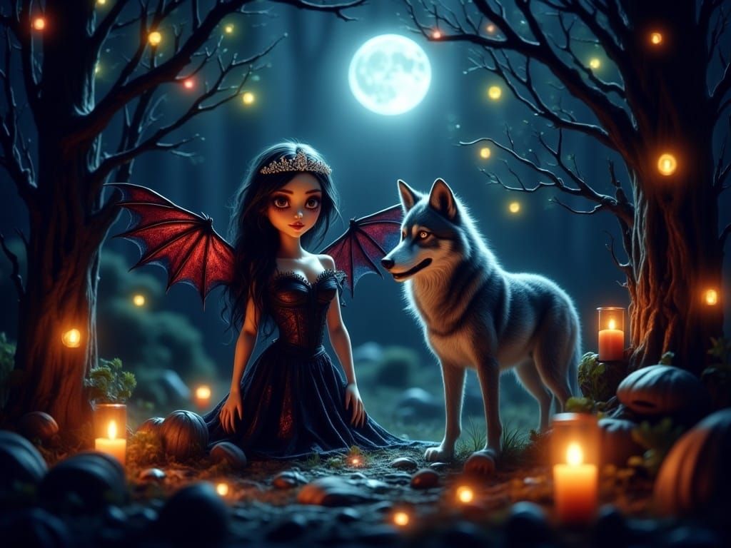 Vampire Goddess Unites with Majestic Grey Wolf in a Dreamy F...