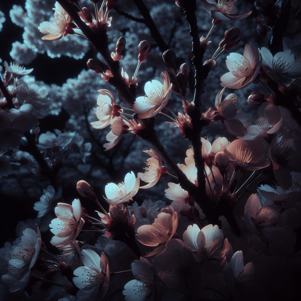 Cherry Blossoms in Gothic Futurism Style, Close-Up