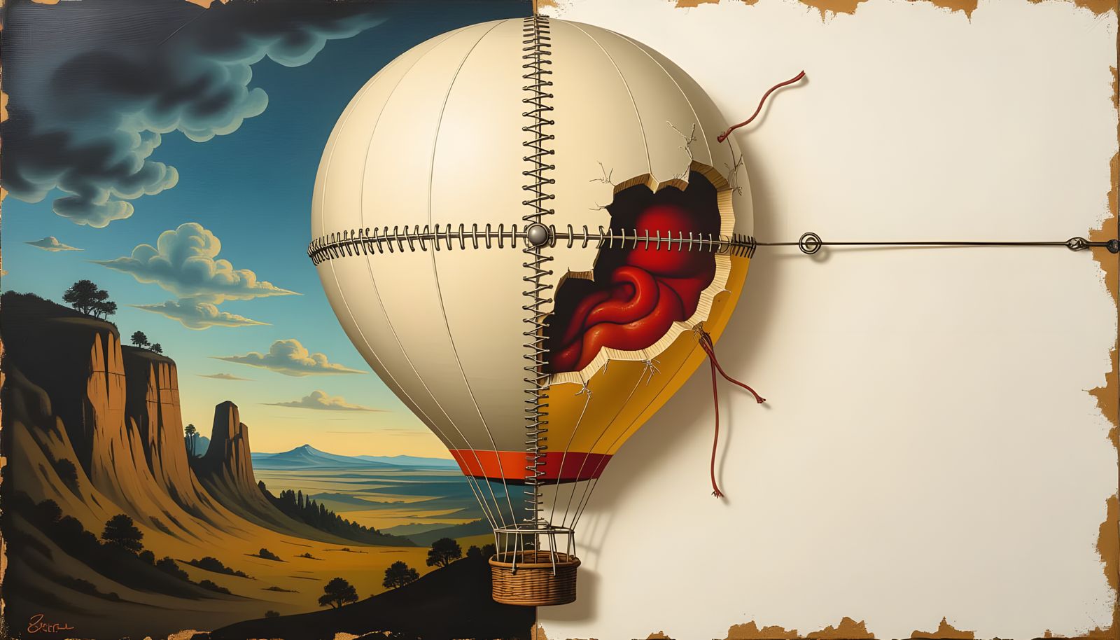 Surreal Balloon Dissection on Canvas, Oil Painting Style
