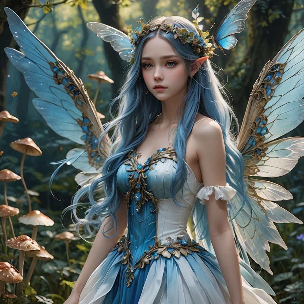 Elegant Fairy with Blue Wings in Mushroom Land