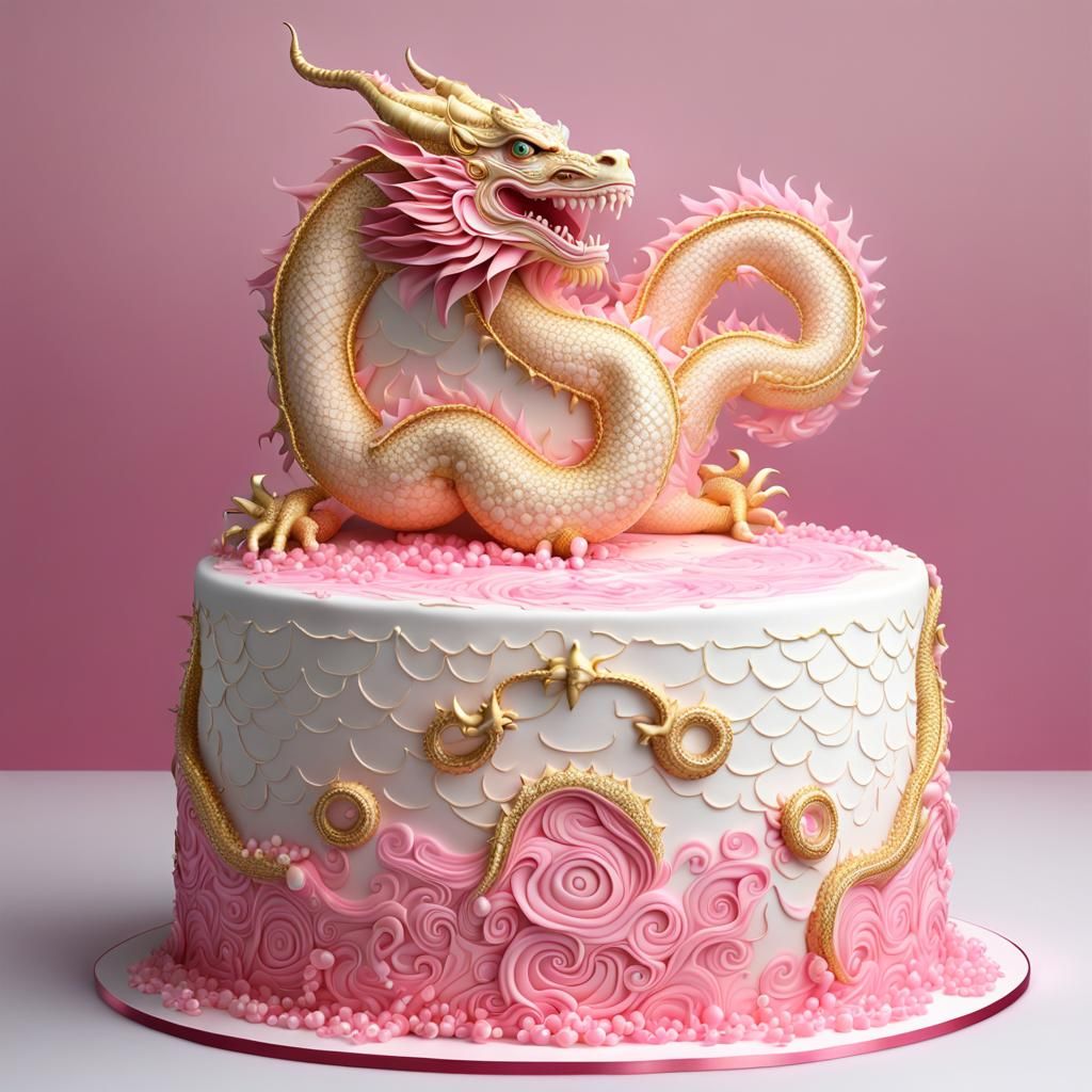 Dragon Cake with Pink Icing and Edible Decorations