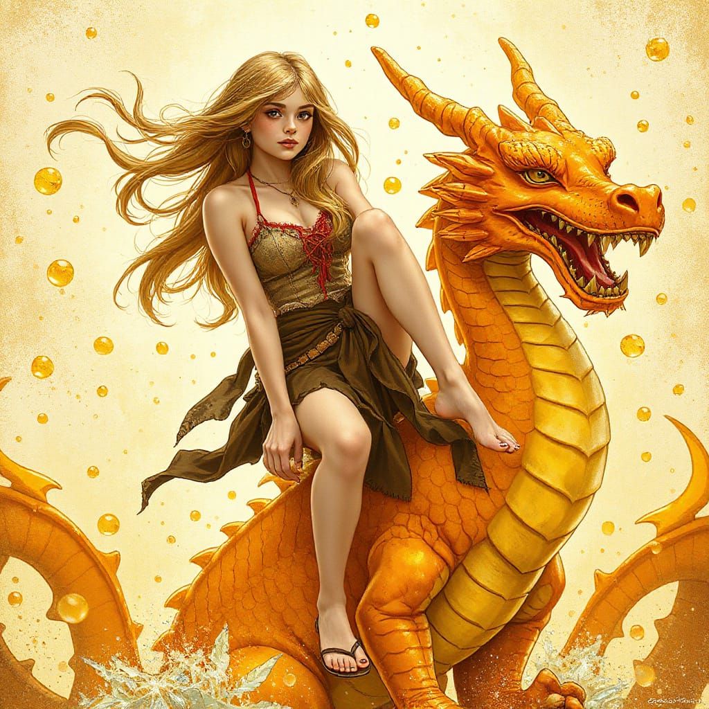 Woman on Gummy Dragon in Effervescent Soda Sea