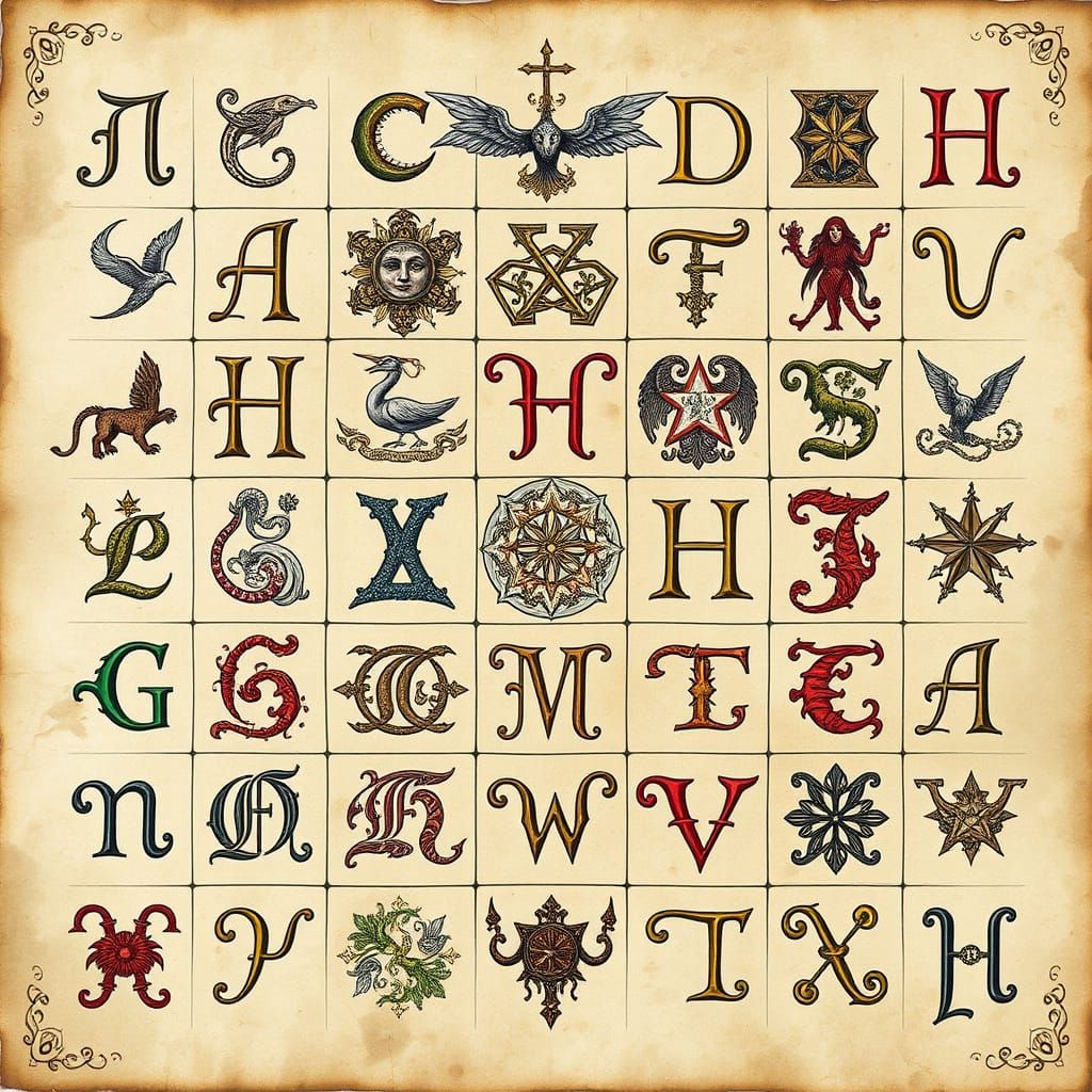 Medieval Symbolic Illuminations in Intricate Hand-Drawn Styl...